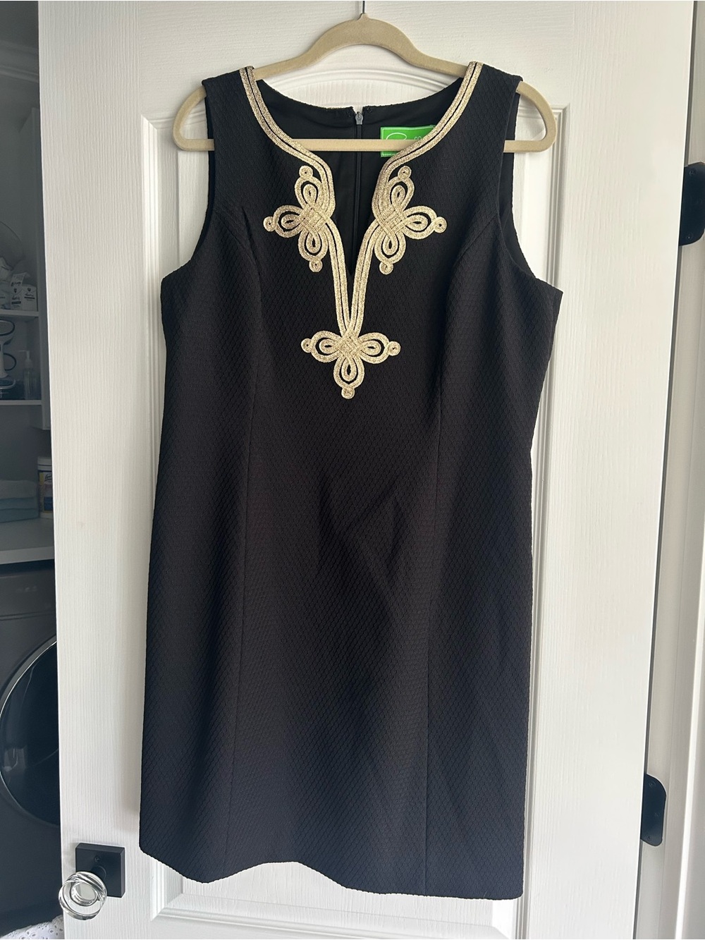 Sleeveless Black Midi Dress with Gold Embroidered Neckline
